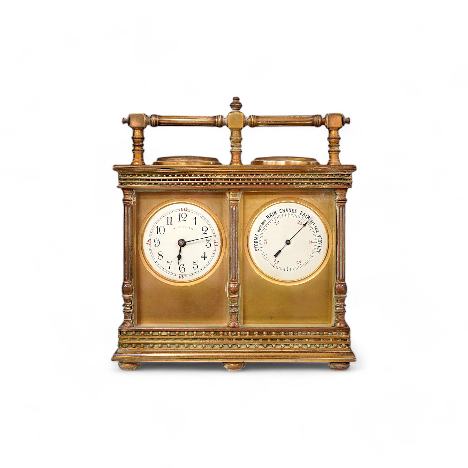 A French eight day carriage timepiece / barometer, retailed by Harrods, 16cm. Condition - fair, not tested